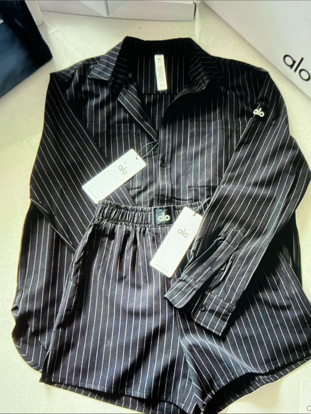 ALO Yoga Black Pinstripe Button Down Shirt Set Women’s Size M